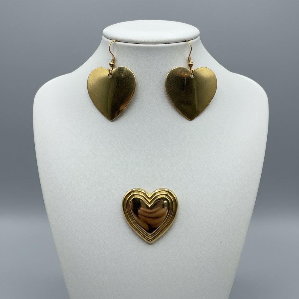 Vintage Signed Gold Tone Heart Drop Dangle Earrings and Brooch Pin Set